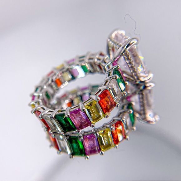 Silver Tone Radiant Cut Cubic Zirconia with Rainbow Stone on Band Size 5.25 - Picture 7 of 10